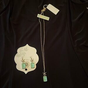 New Spartina Elegant Golden Necklace with Green Pendant & Matching Earrings